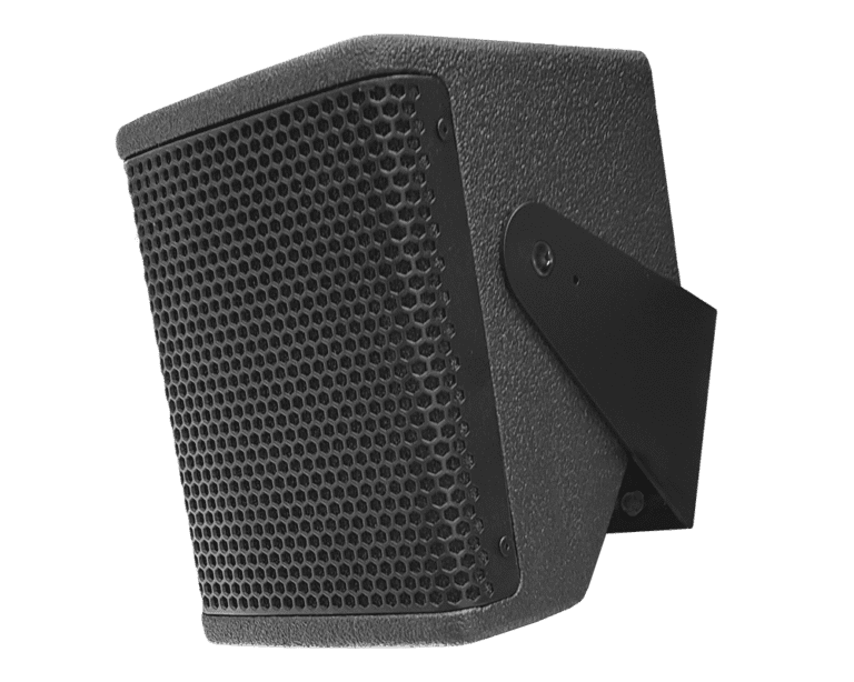 A black speaker is on the ground
