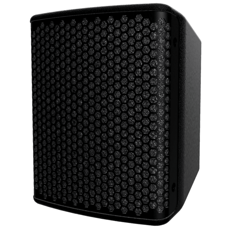 A black speaker is on the ground