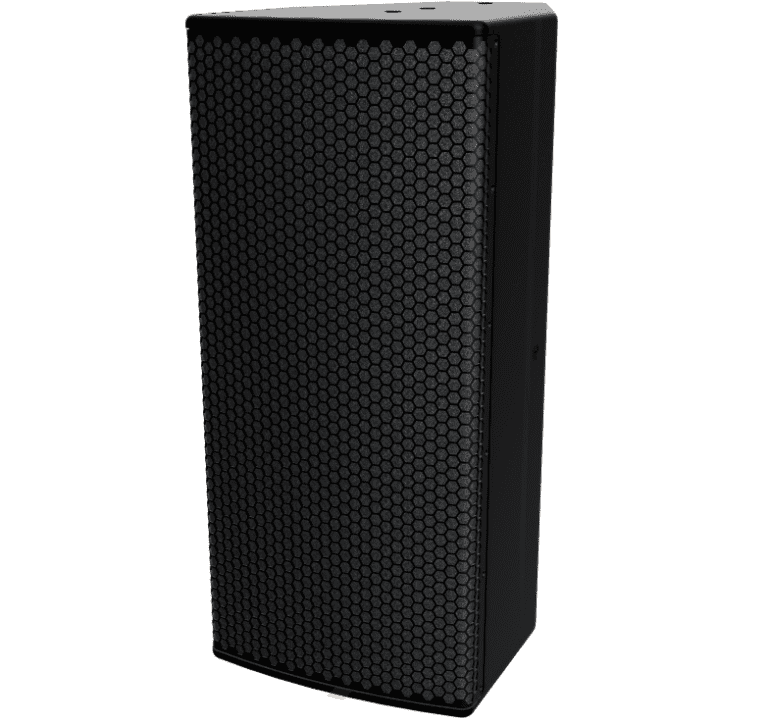 A black speaker is standing up against the wall.